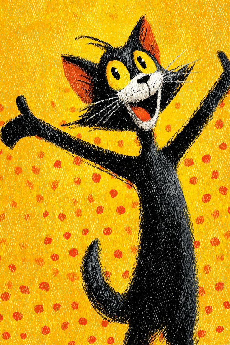 Un gato de dibujos animados vintage de los años 50 en estilo de manguera de goma con formas simples y ojos expresivos en una pose de baile contra un fondo de lunares con contornos gruesos