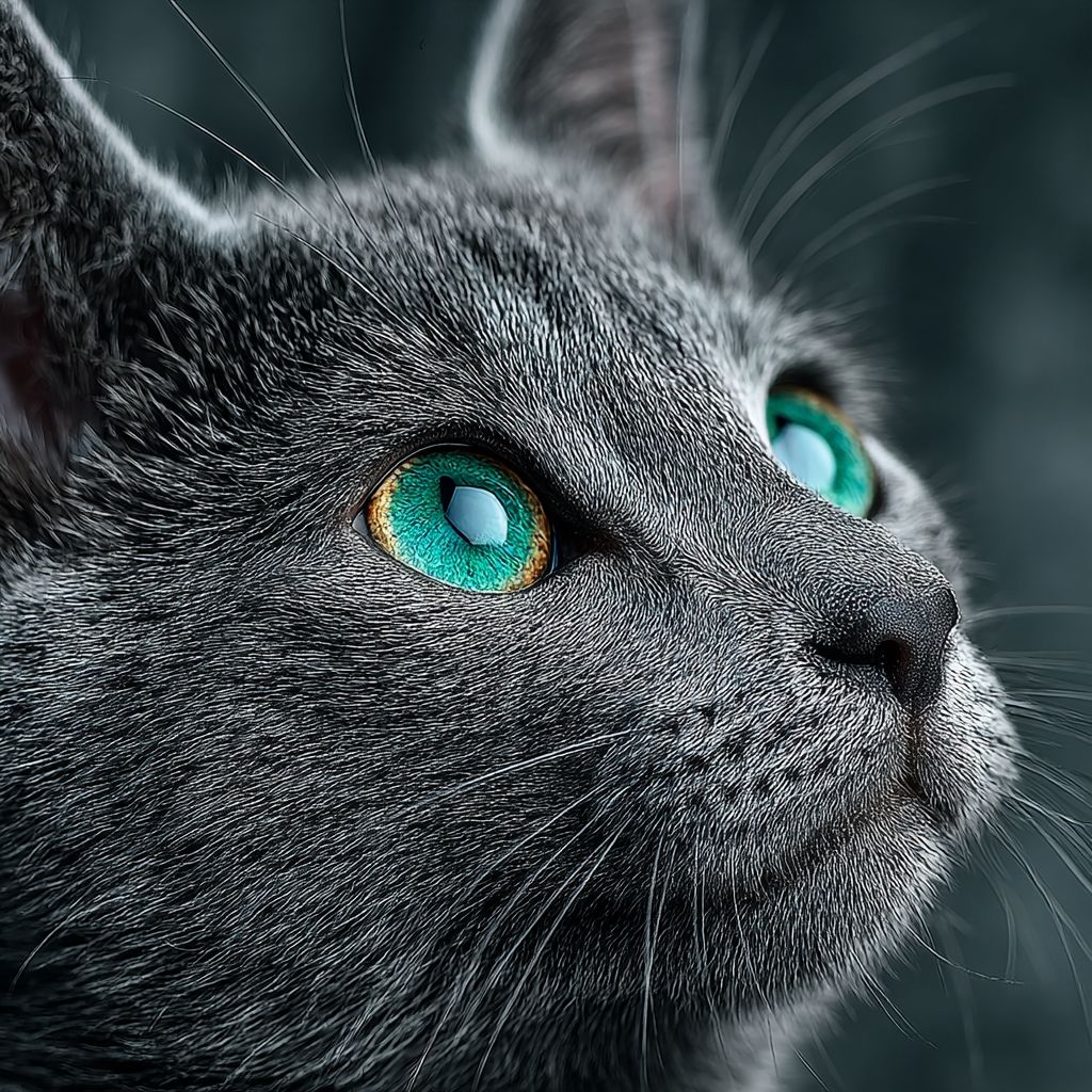 一只俄罗斯蓝猫的小猫特写，蓝灰色的皮毛和鲜艳的翡翠眼睛