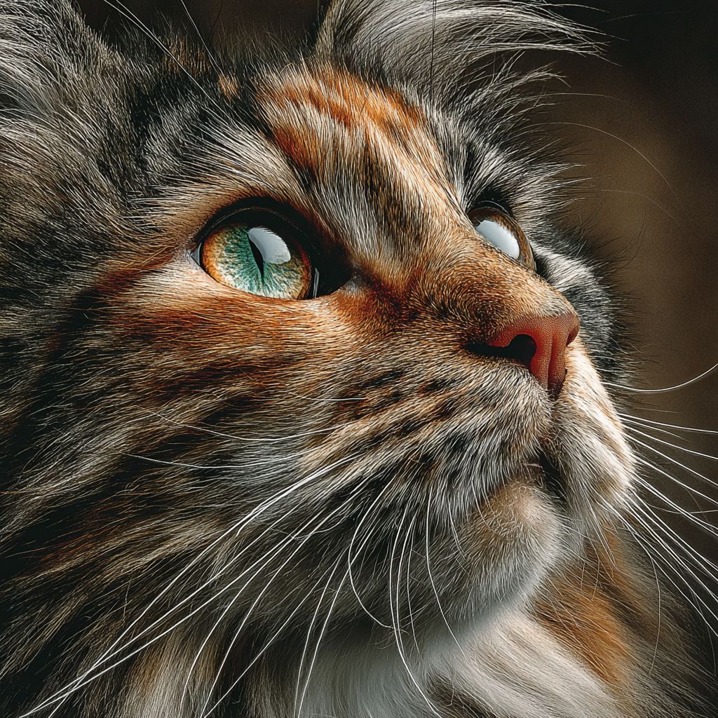Un gros plan d'un chat écaille tortue vibrant avec des yeux amber et une expression curieuse, idéal pour une photo de profil
