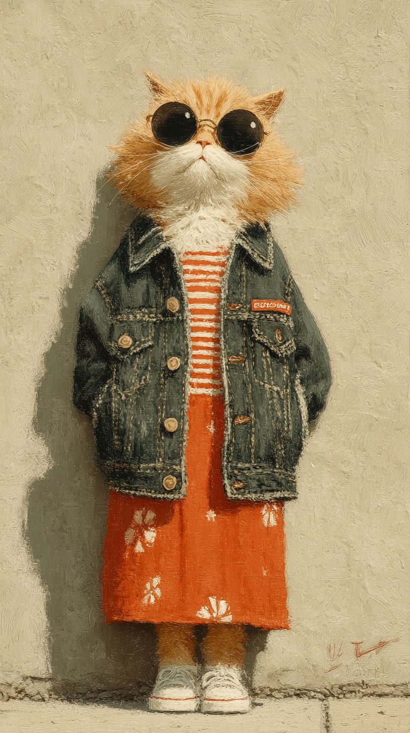 Eine humanoide Ingwerkatze mit Sonnenbrille steht aufrecht