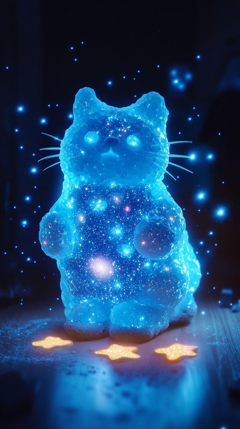 Um gato feito de cristal de hortelã azul, cheio de confeitos em forma de estrela flutuantes, deixando pegadas brilhantes de galáxia no chão de biscoito de baunilha