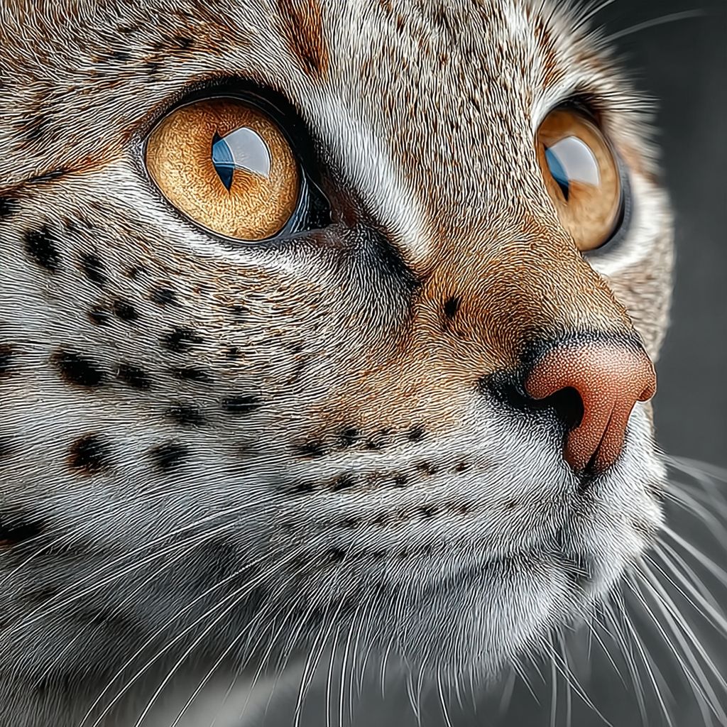 Un portrait rapproché hyper-réaliste d'un chat Savannah avec un pelage tacheté exotique et de grands yeux ambre