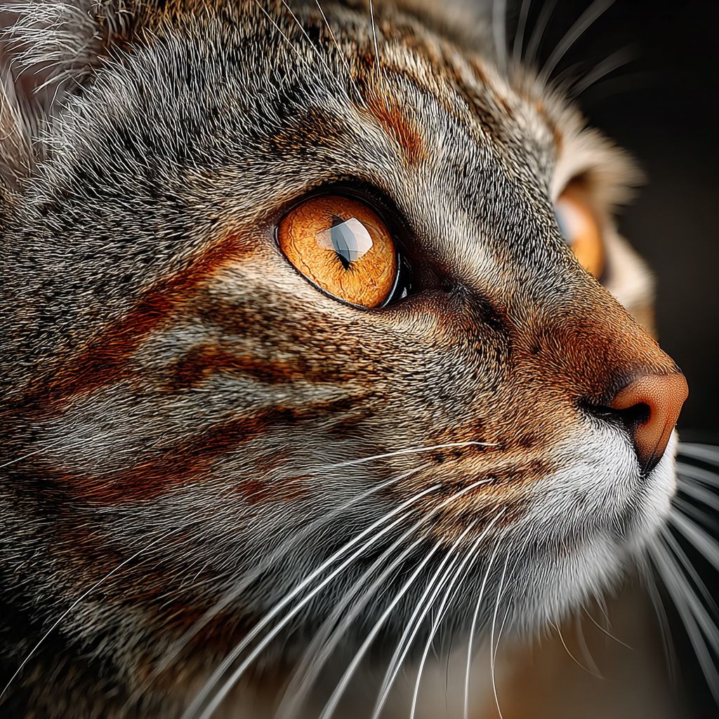 A curious tabby cat close-up portrait with orange stripes and amber eyes