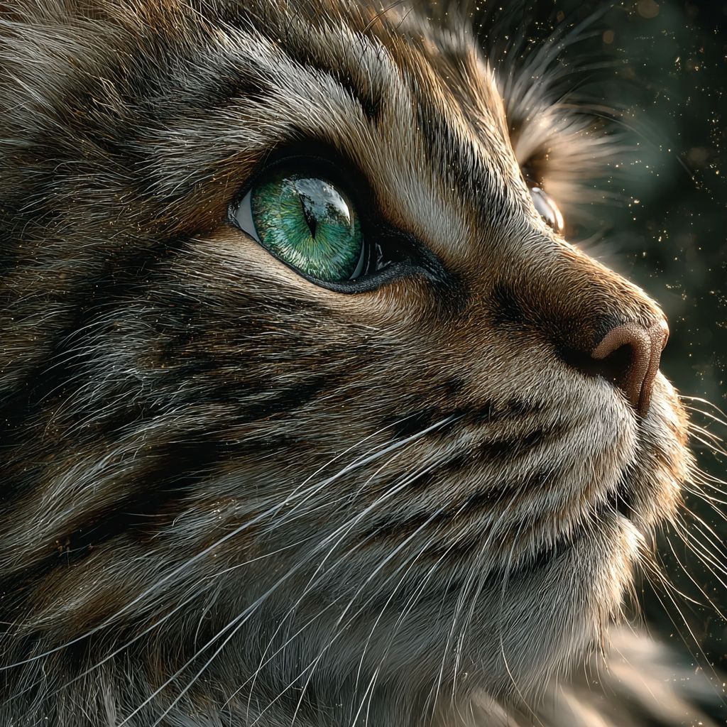 一只挪威森林猫的超现实主义特写肖像，浓密的毛发和生动的绿色眼睛