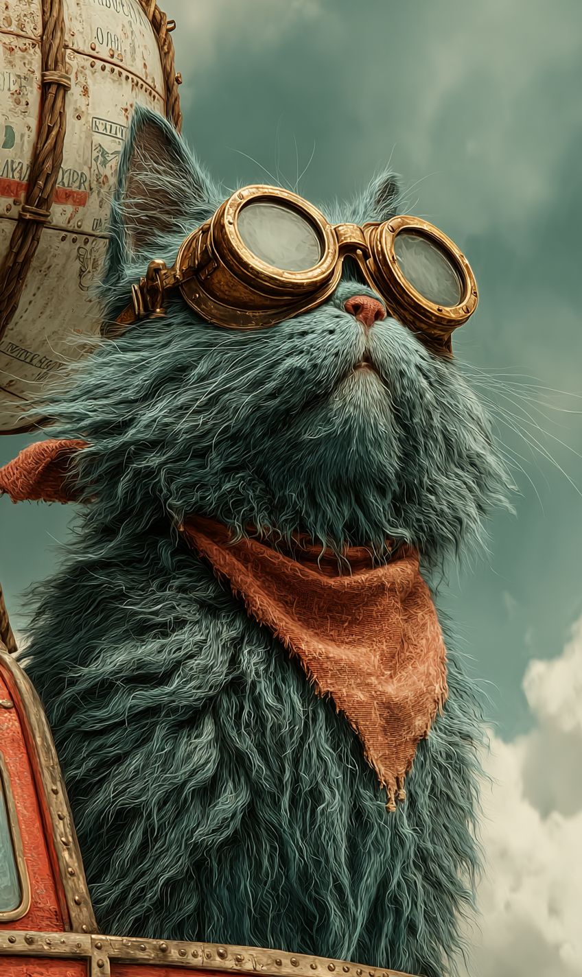 Um gato de desenho animado steampunk excêntrico, com óculos de latão e pelagem fofa, empoleirado em um dirigível voador em um céu nublado