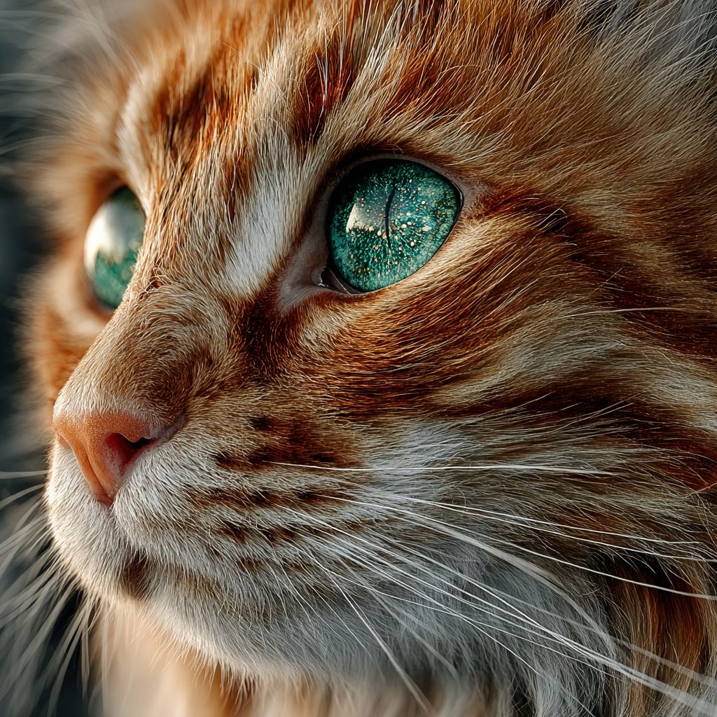 これは超リアルなオレンジ猫のクローズアップポートレートで、鮮やかなオレンジの毛と輝く緑の目があります