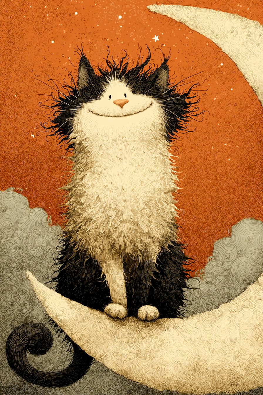Un gato de caricatura caprichoso equilibrándose en una luna creciente en un cielo estrellado de colores pastel