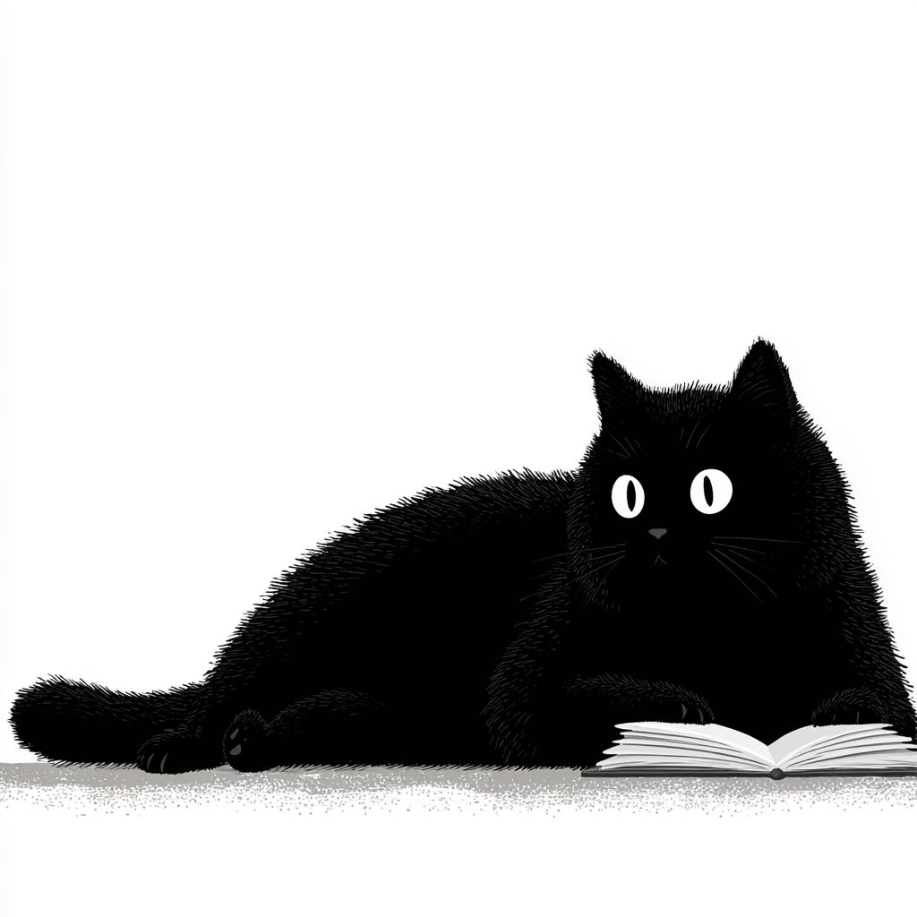 Silueta de um gato gordinho preto de Páscoa deitado escrevendo um livro