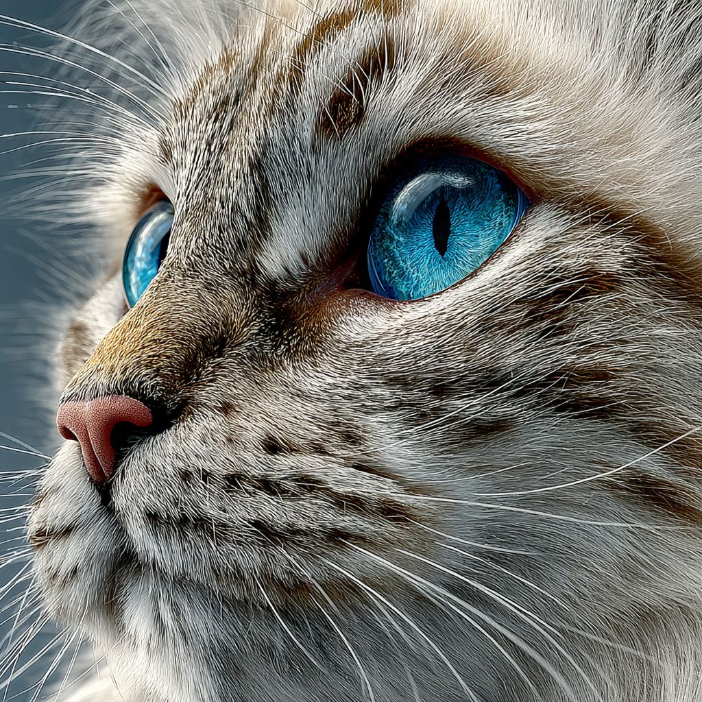 Un portrait hyperréaliste en gros plan d'un chat Ragdoll avec un pelage crème doux et des yeux bleus profonds