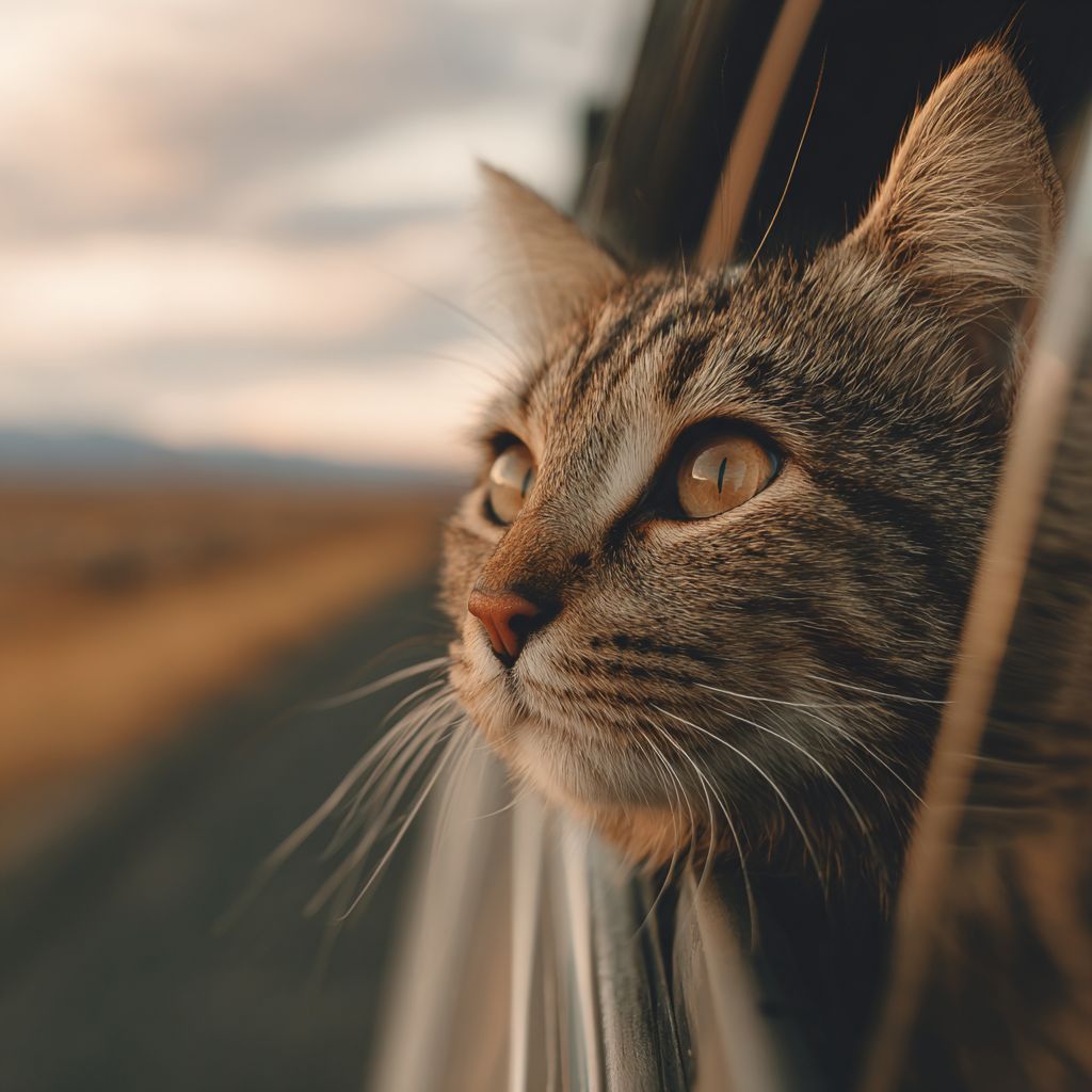 A cat leaning out of a moving car window