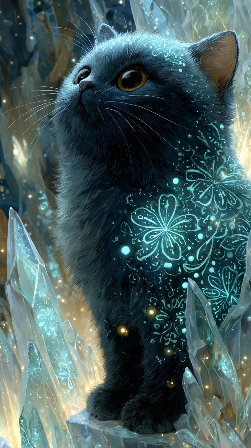 Un gato de fantasía con runas brillantes se sienta en un trono de cristal con fondo estrellado