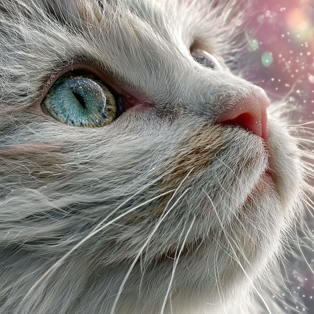 Un retrato en primer plano hiperrealista de un gatito blanco con pelaje esponjoso y ojos azules brillantes