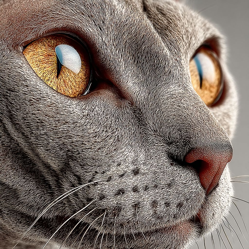 一张超真实的斯芬克斯猫特写肖像，展现皱纹皮肤和大琥珀色眼睛