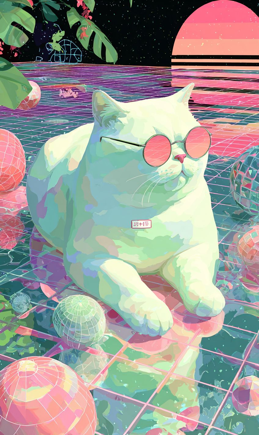 一只蒸汽波风格的卡通猫，漂浮在霓虹网格中