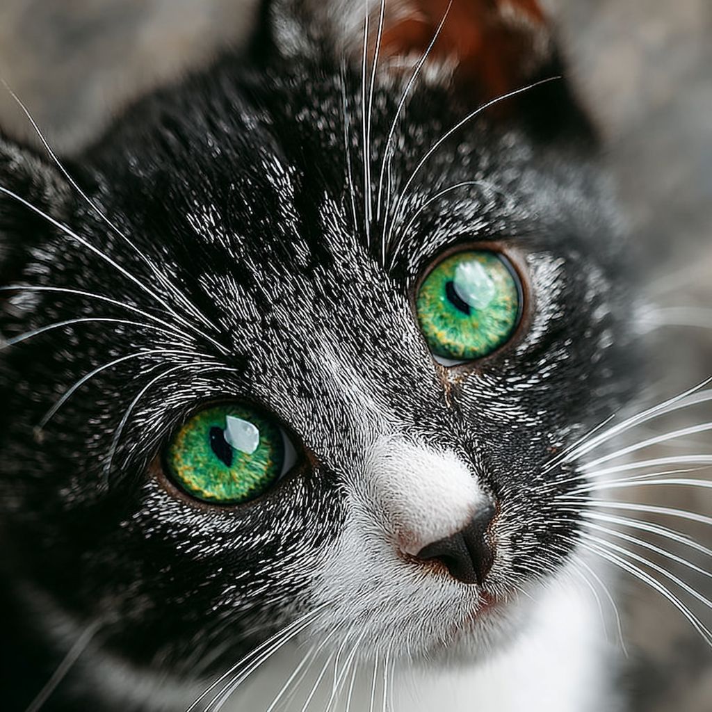 Um retrato em close-up hiper-realista de um gatinho preto e branco com pelagem suave e olhos verdes marcantes