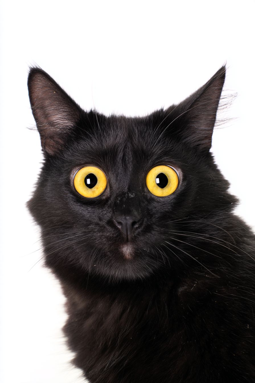 一只惊讶的黑猫肖像，眼睛大而圆，背景为白色