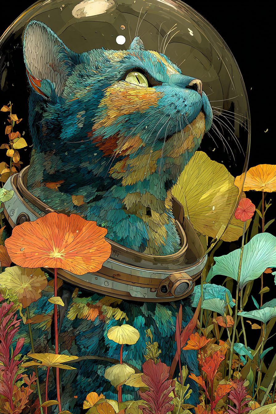 Um gato de cartoon retrô de ficção científica com um capacete espacial explorando um vibrante planeta alienígena com plantas luminosas