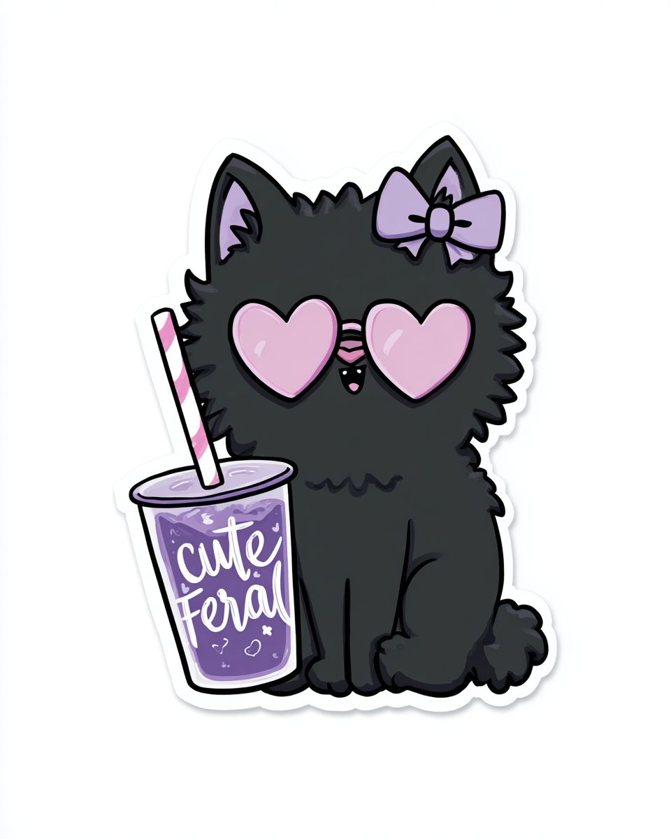 Eine süße cartoonartige schwarze Katze sitzt da und hält beim Glänzen ein lila Getränk