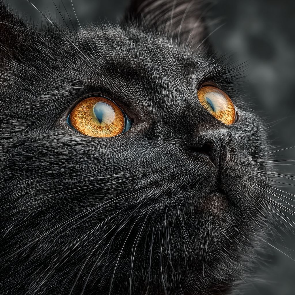 Un retrato en primer plano hiperrealista de un gatito negro con pelaje brillante y grandes ojos amarillos