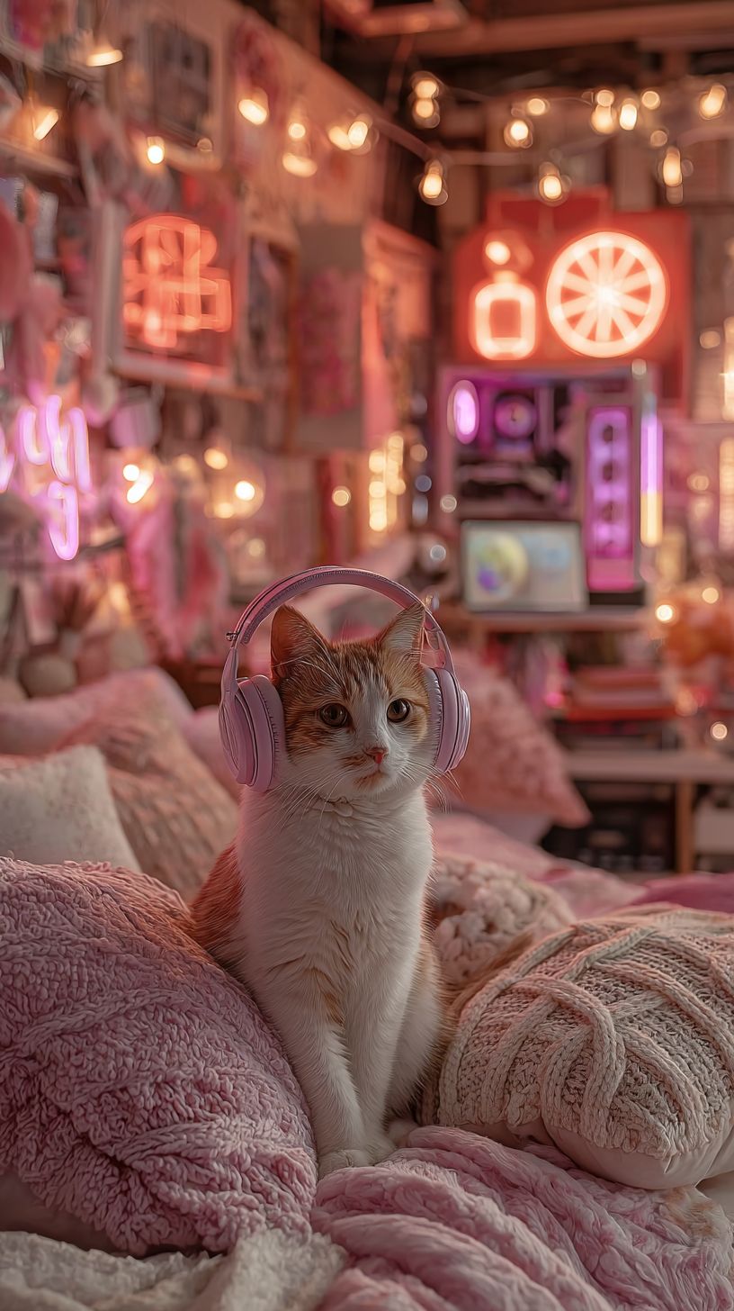 A cute cat wearing gaming headphones is sitting comfortably in a cozy gaming room