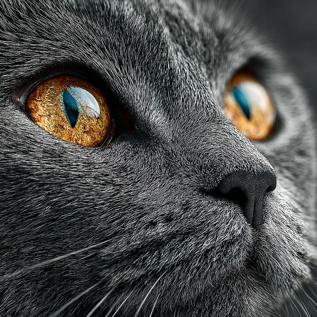 A hyper-realistic close-up portrait of a British Shorthair cat with blue-gray fur and large copper eyes