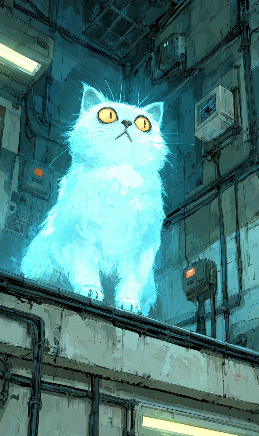 Eine futuristische Cartoon-Katze schwebt in einer Sci-Fi-Raumstation