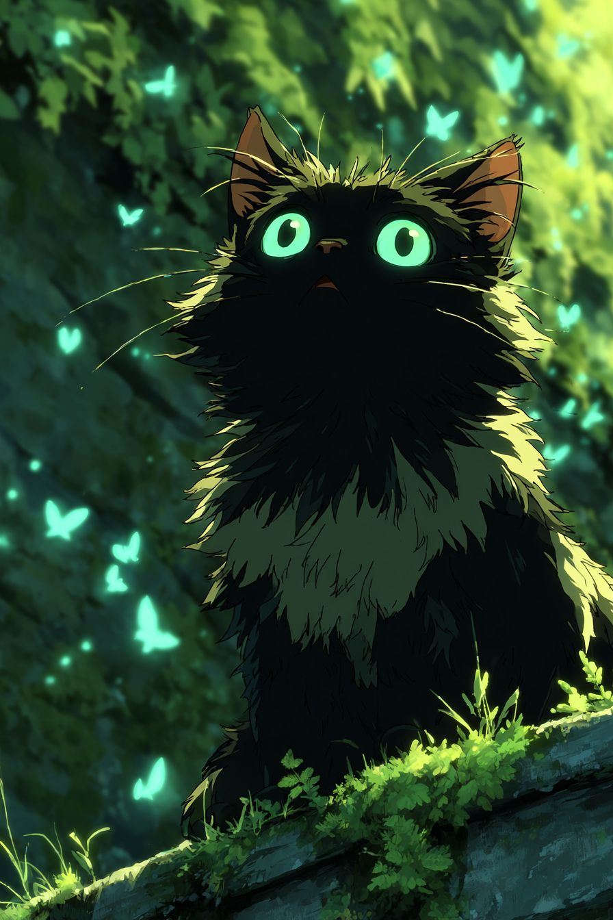 Um gato de desenho animado ao estilo Ghibli com olhos brilhantes e pelagem fofa sentado em uma pedra coberta de musgo em uma floresta encantada
