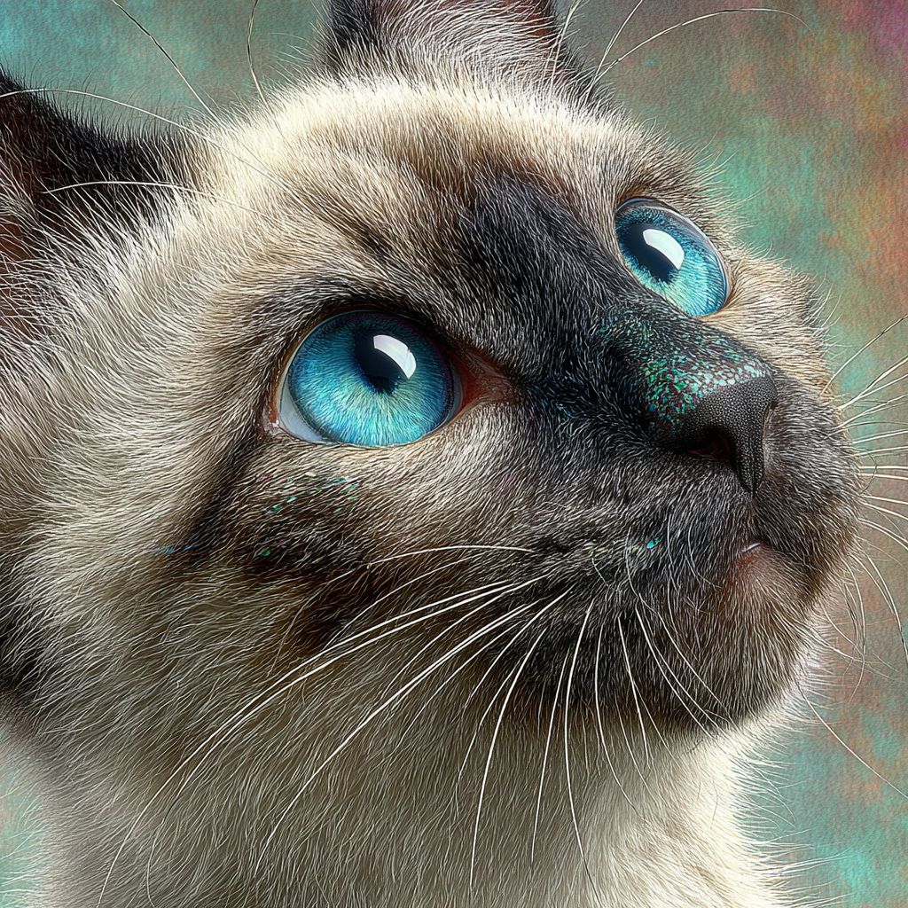 A hyper-realistic close-up portrait of a Siamese kitten with creamy fur and dark points, bright blue eyes, and a playful expression perfect for a cute avatar