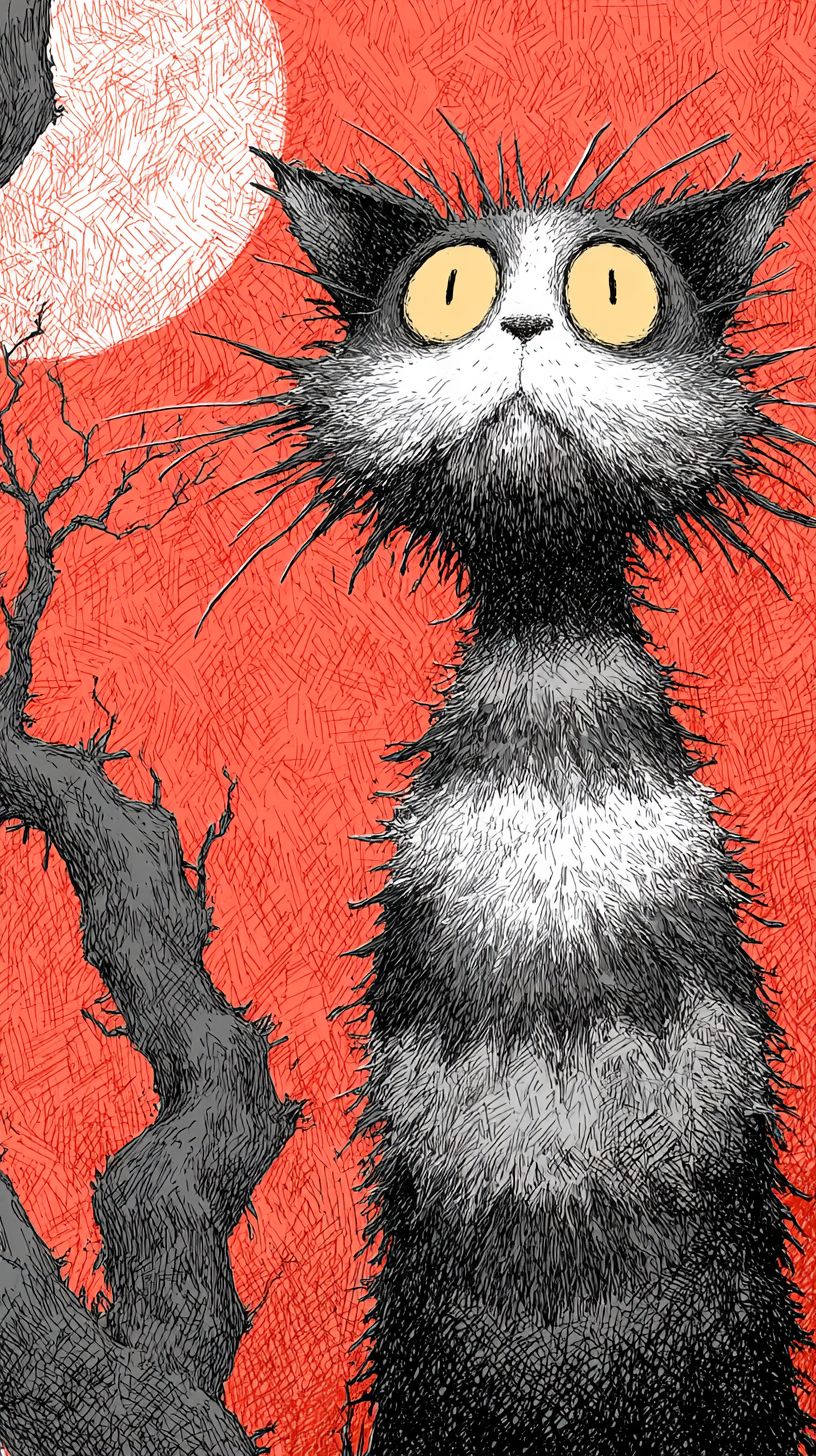 Un chat de style cartoon de Tim Burton avec un pelage pâle et des rayures sombres, des yeux étranges, des moustaches tordues, et un arbre tordu sous la lumière de la lune avec des accents monocromatiques cramoisis