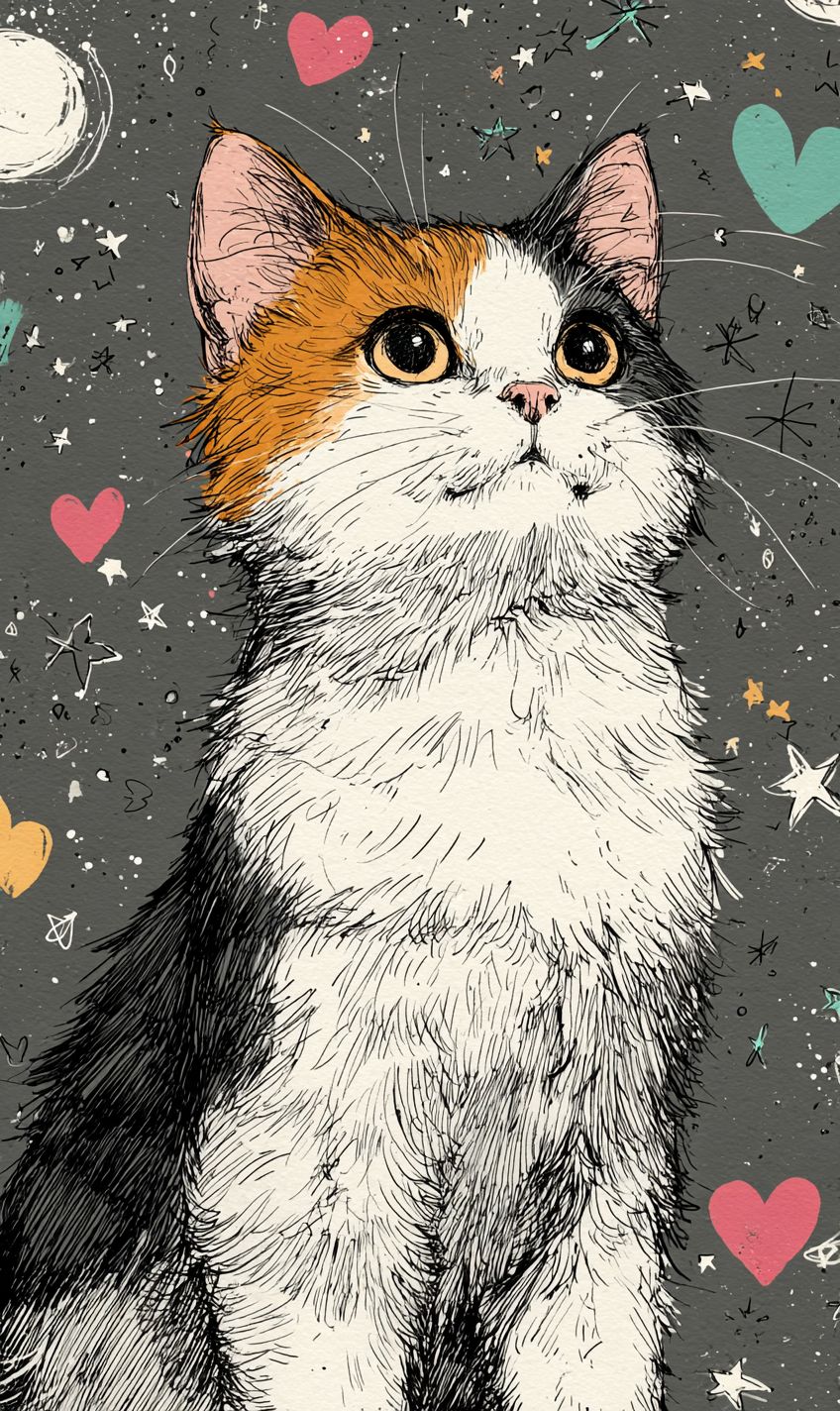 Un chat de dessin animé au style griffonné dans une pose ludique entouré de cœurs et d'étoiles sur un fond de carnet coloré