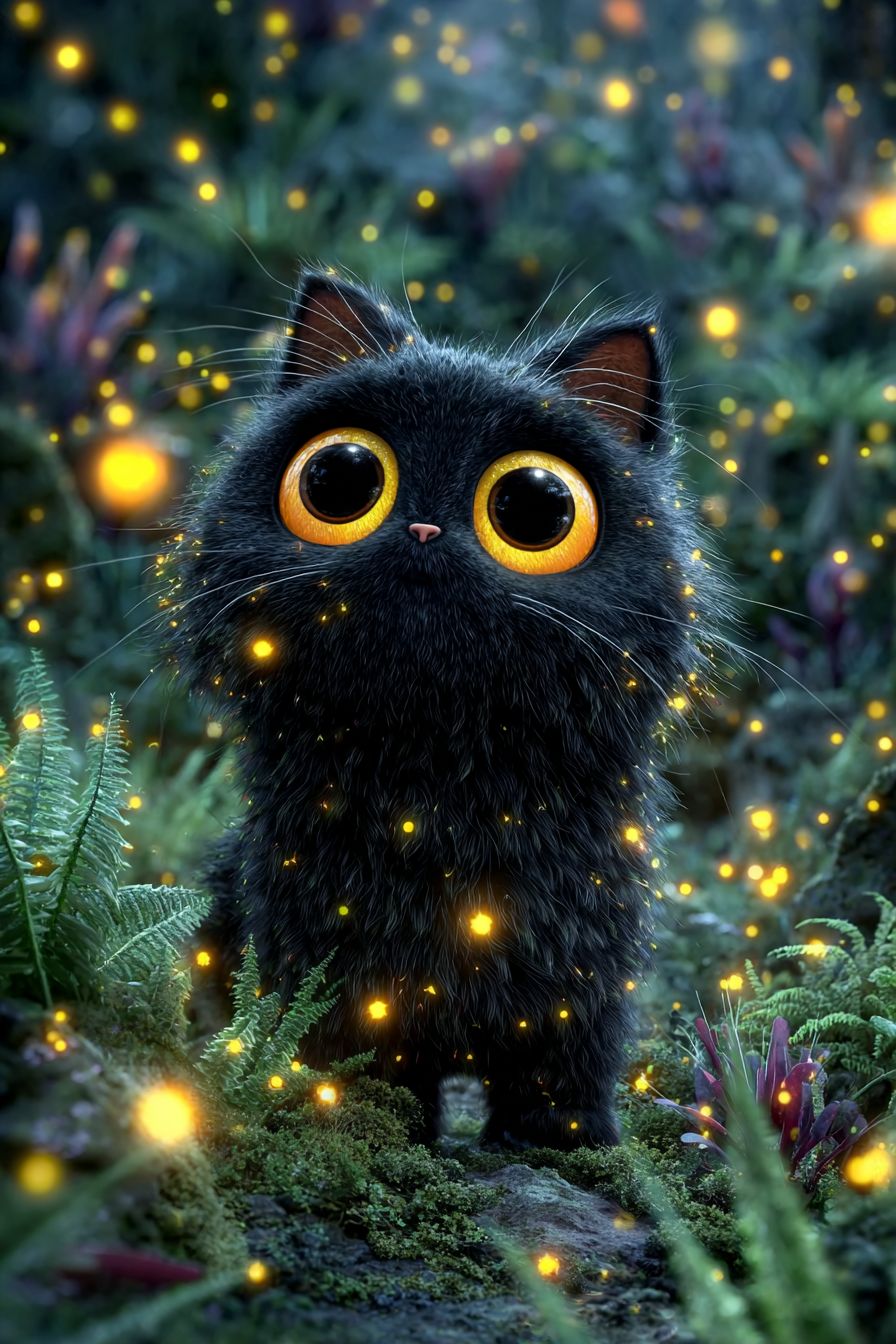 A Pixar-style cartoon cat with a round body and expressive features, glossy fur, big curious eyes, playful pose, in a colorful forest with fireflies and rich textures