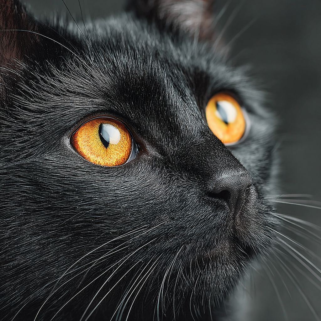 A hyper-realistic close-up portrait of a black cat with glossy fur and glowing yellow eyes