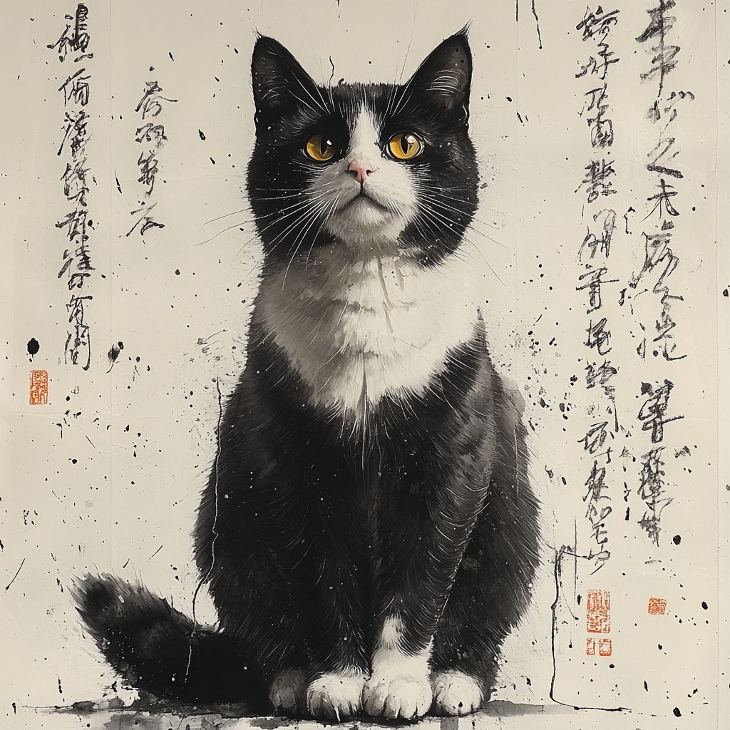 Um retrato de corpo inteiro de um gato preto e branco com olhos vibrantes e postura sentada