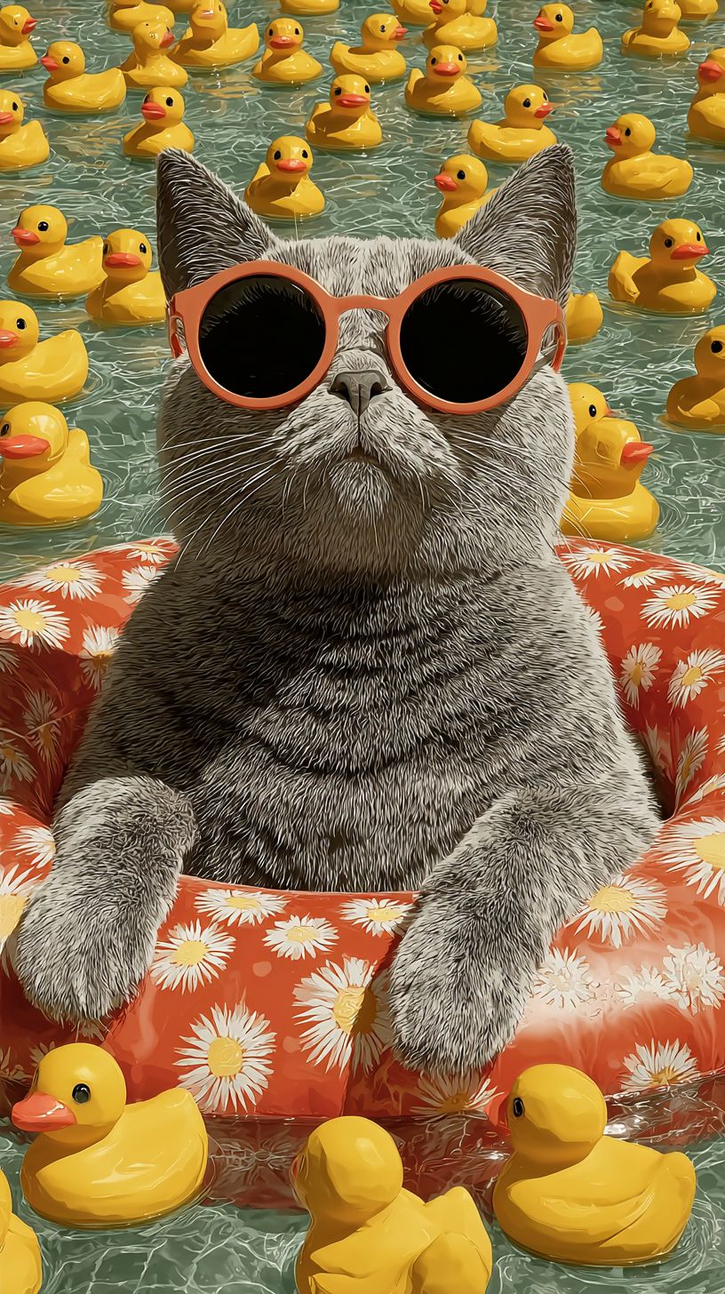 サングラスをかけた超リアルなかわいい猫が、浮き輪の上に寝そべり、黄色のアヒルと一緒にプールに浮いている