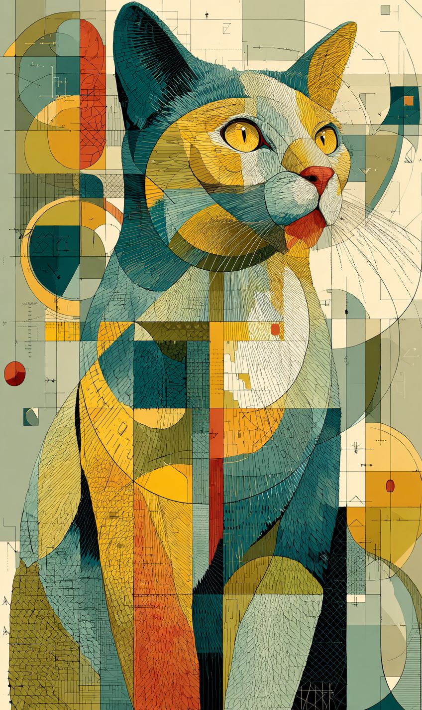Un chat cartoon cubiste avec des motifs de fourrure géométriques et des formes abstraites