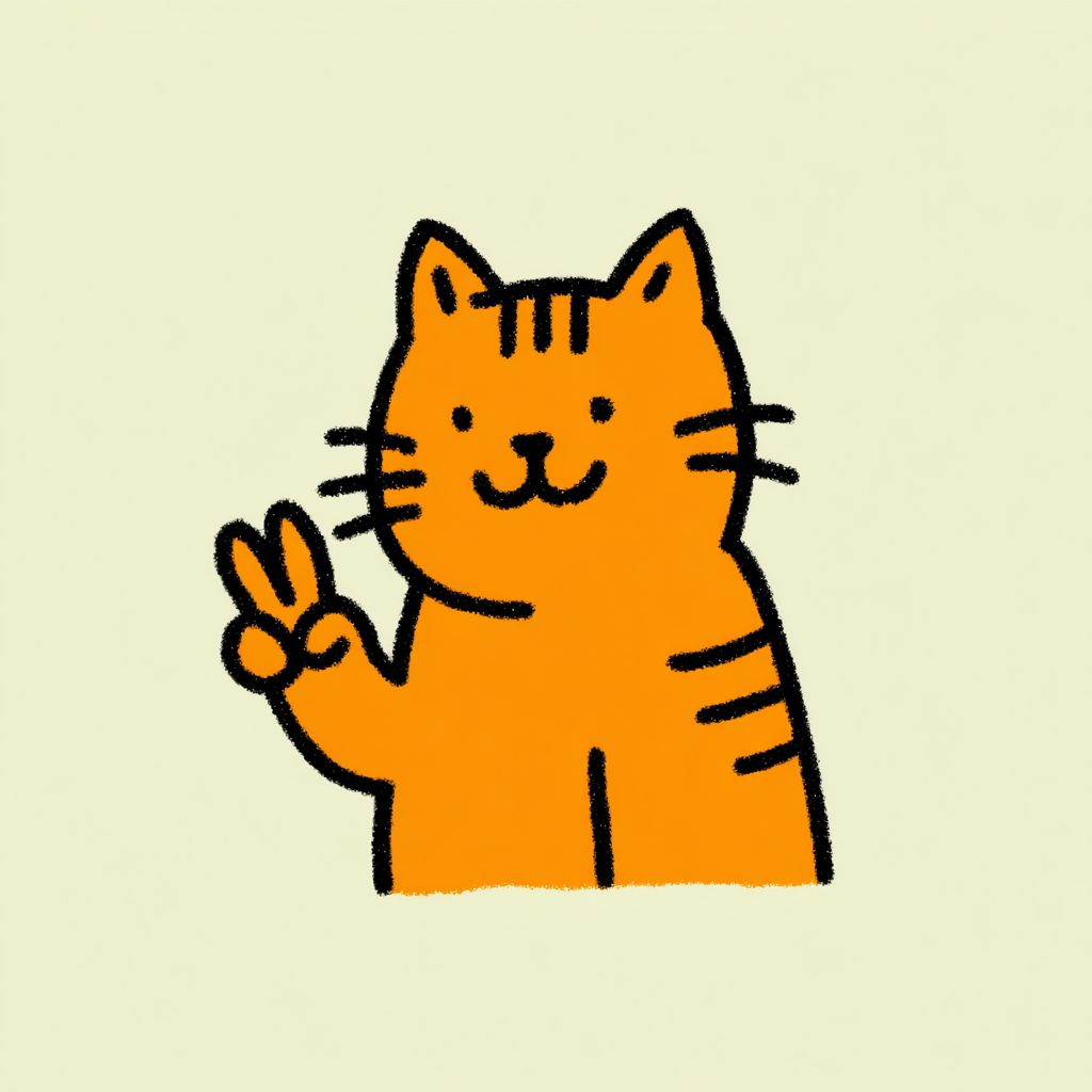 A smiling ginger Tabby cat making a peace sign against a white background