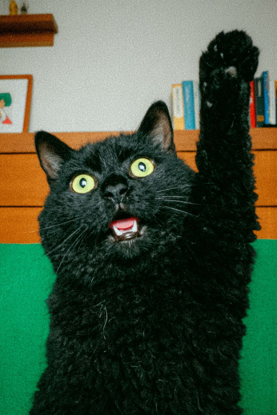 Un gato Manx negro sonriendo haciendo un signo de paz