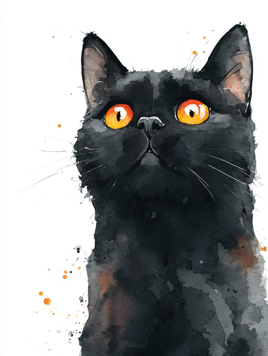 一幅现代水彩画风格的黑猫肖像，展现大圆瞳和明亮的橙色眼睛