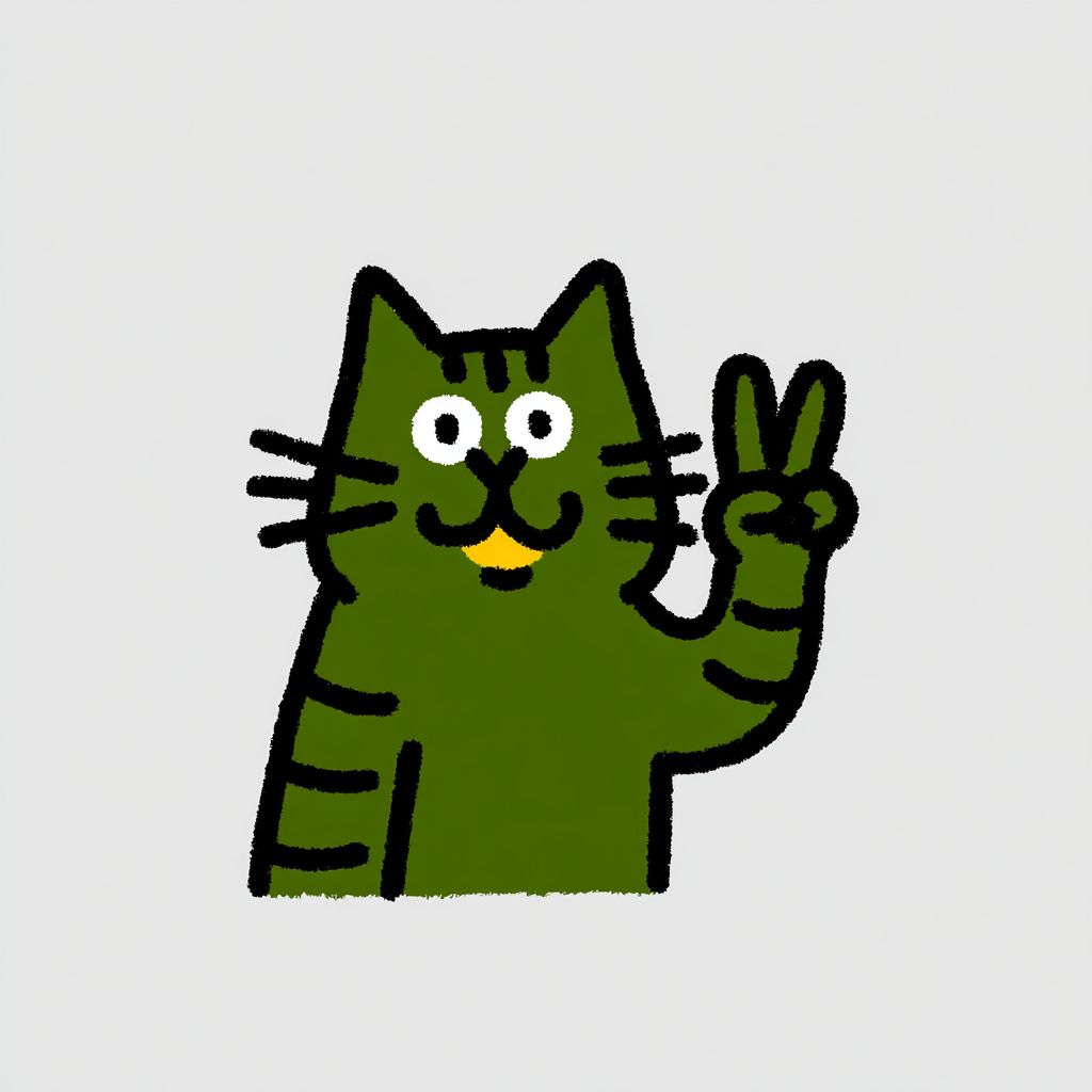 A smiling tabby Highlander cat making a peace sign