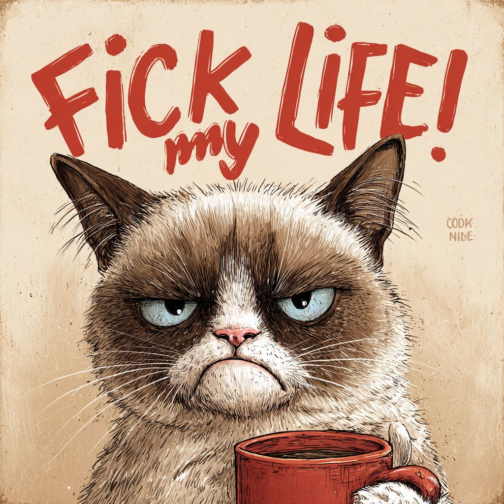 一本名为《F#ck my life!》的成人趣味活动书，封面设计为愠怒的猫咪正在喝咖啡