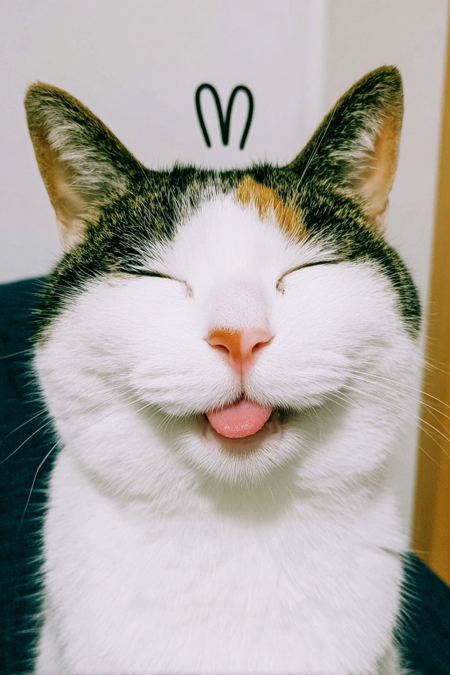 Un bobtail japonais calico souriant faisant un signe de paix