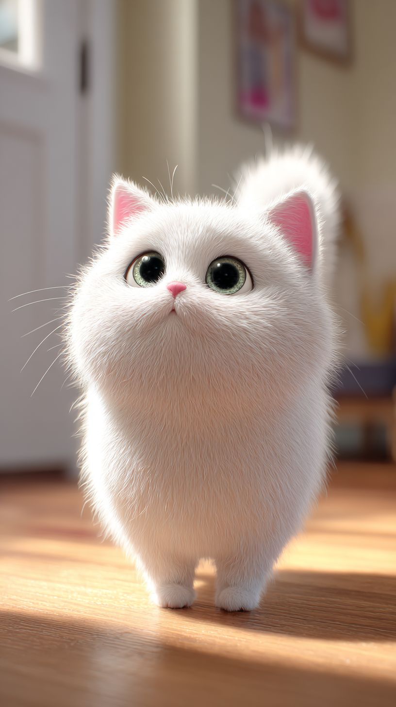 かわいい白い猫、ピンクの耳と鼻を持ち、太った体があり、アパートの木の床の上に立っている