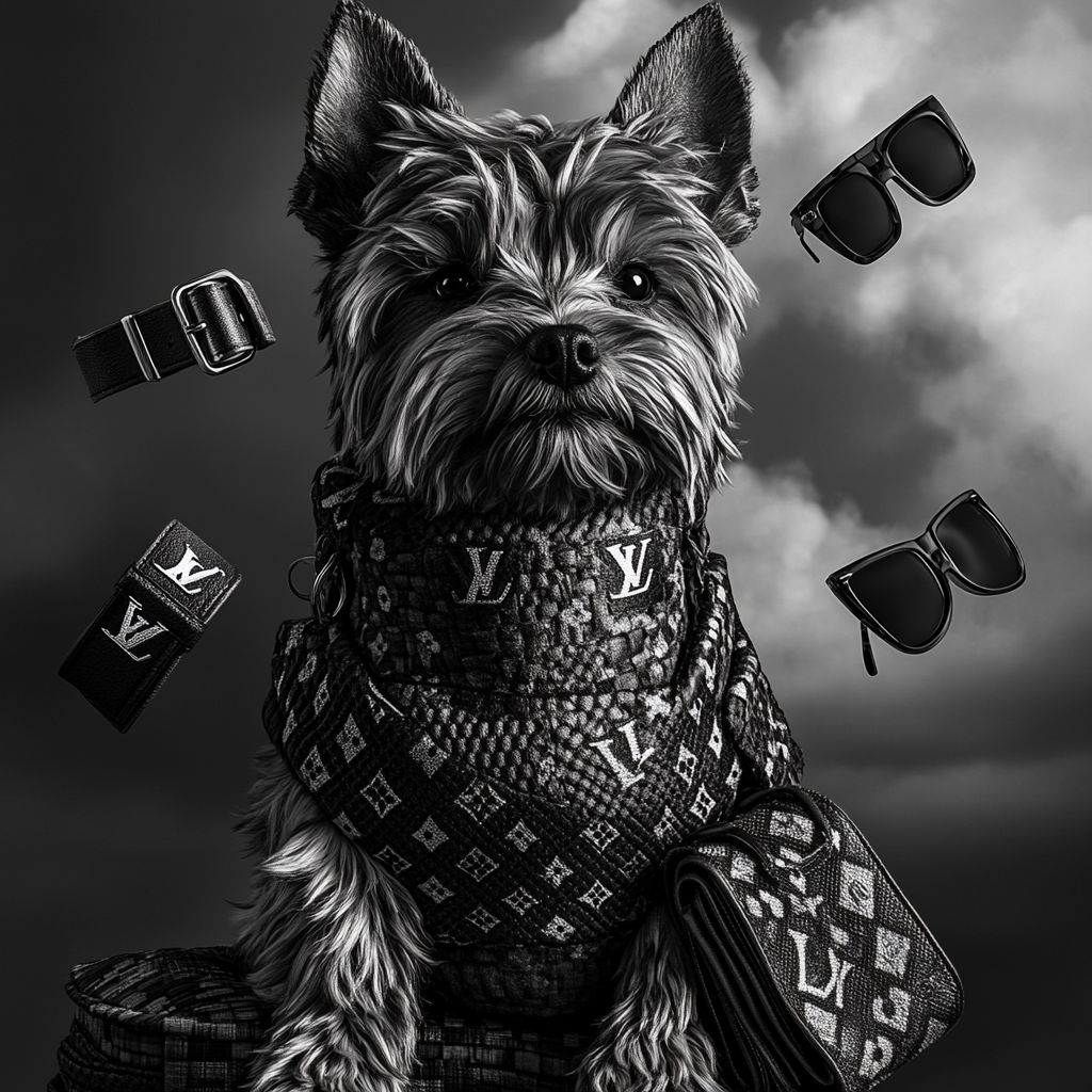 Un Yorkie sculpté dans des tissus texturés avec des monogrammes en relief de Louis Vuitton et Chanel, entouré d'accessoires de mode flottants comme des ceintures et des lunettes de soleil