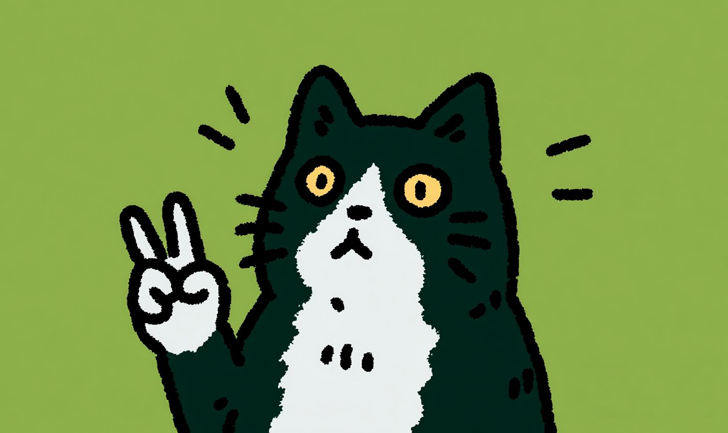 Eine schwarz-weiße Tuxedo-Katze lächelt und macht ein Friedenszeichen