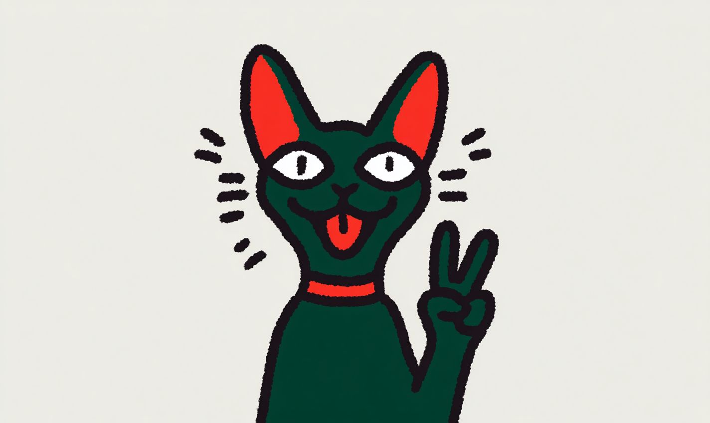 一只微笑的黑色无毛猫比出和平手势