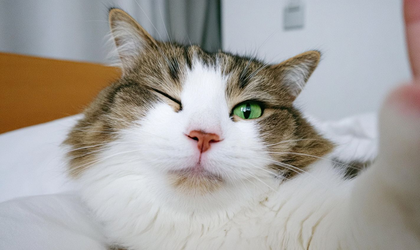 A smiling bicolor Ragamuffin cat making a peace sign