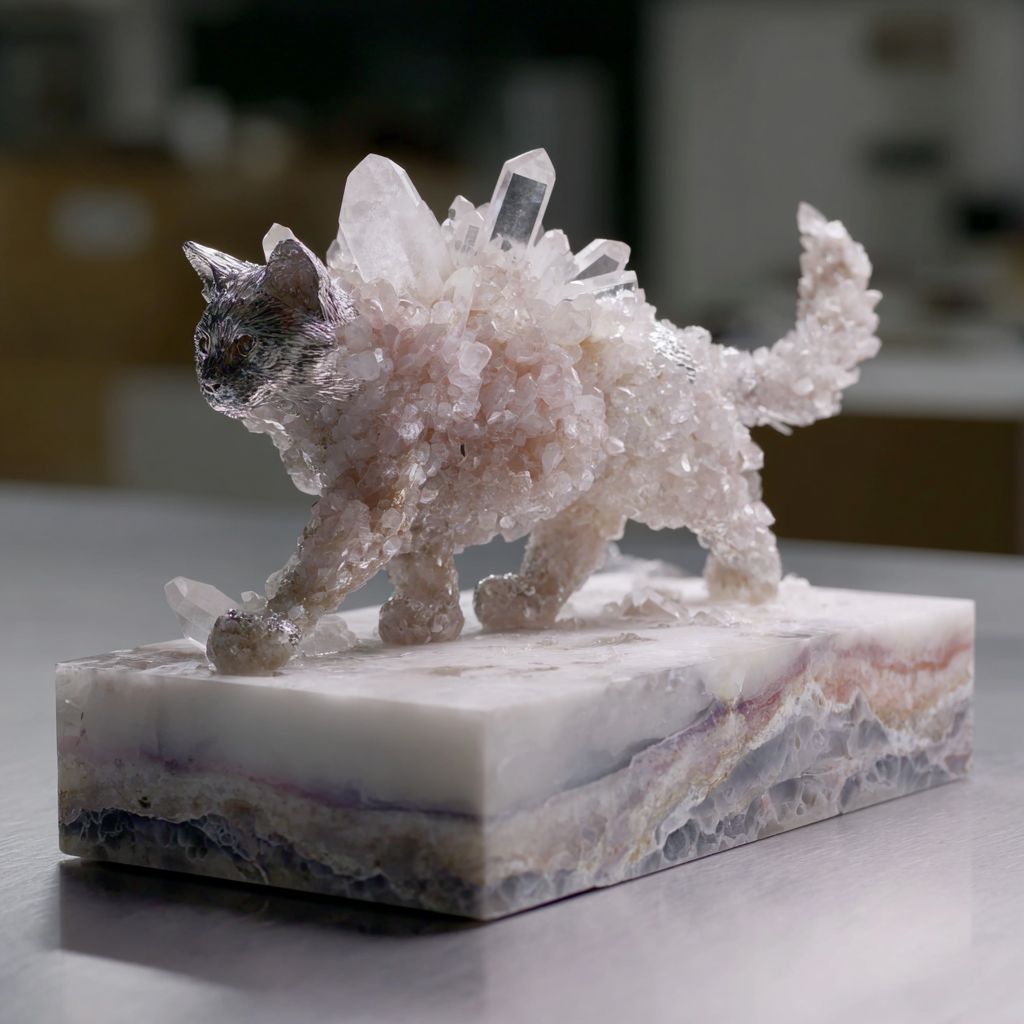 一只水晶猫从展箱里走出来，摄像机跟随它