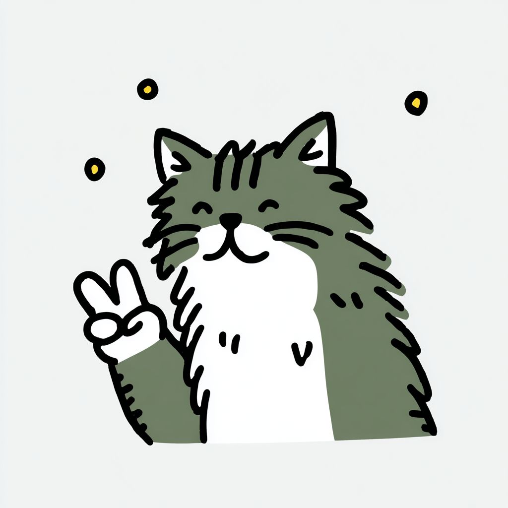 A smiling tabby Siberian cat making a peace sign