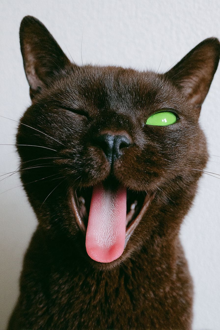 A smiling chocolate Burmese cat making a peace sign