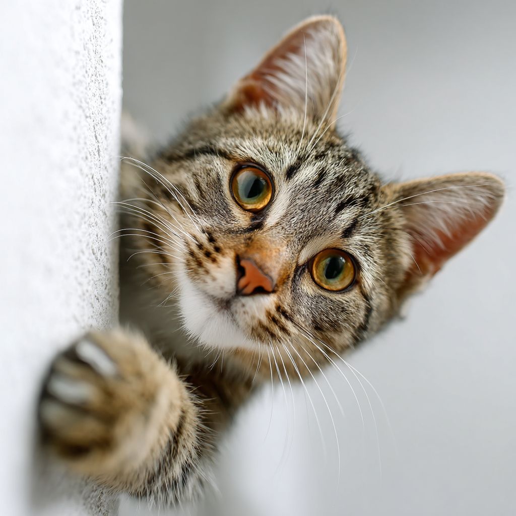 一只可爱快乐的猫正从墙边探出头，伸出爪子想抓东西